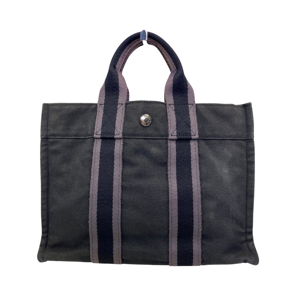 Hermès Fourre Tout PM Black Canvas Tote Gray Stripe Small Handbag France